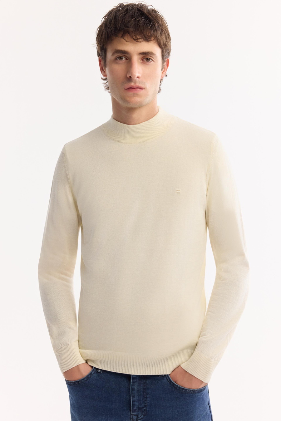 Ekru Yarım Balıkçı Yaka Yün Karışımlı Triko Kazak