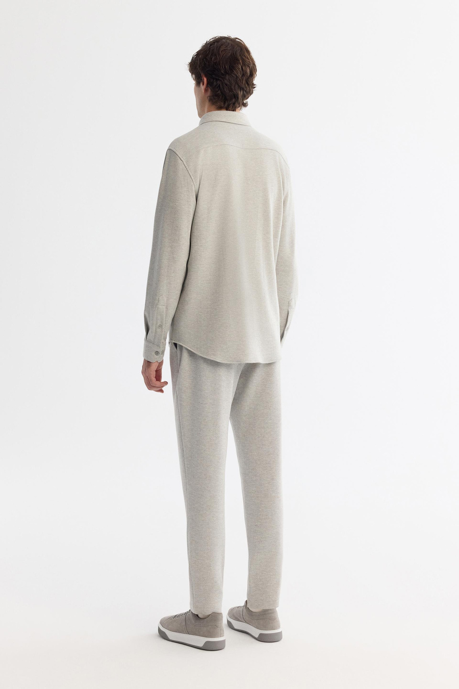 Gri Alttan Britli Yaka  Düğmeli Balıksırtı Örme Uzun Kol Comfort Fit Gömlek