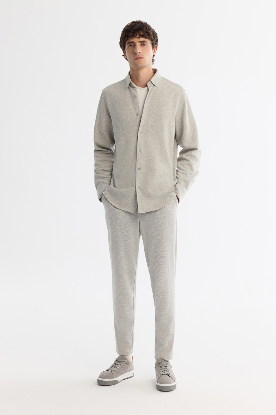 Gri Alttan Britli Yaka  Düğmeli Balıksırtı Örme Uzun Kol Comfort Fit Gömlek