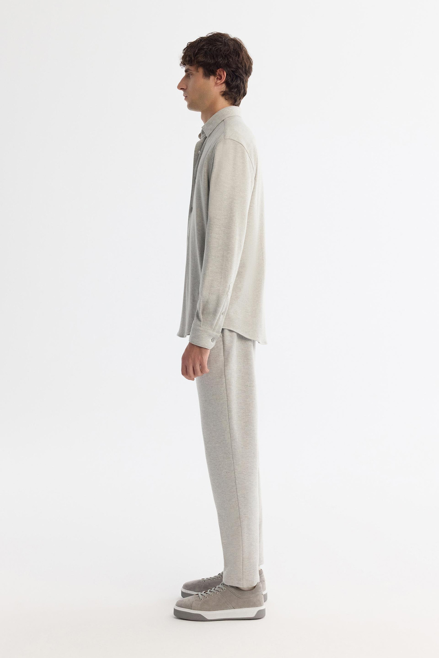 Gri Alttan Britli Yaka  Düğmeli Balıksırtı Örme Uzun Kol Comfort Fit Gömlek