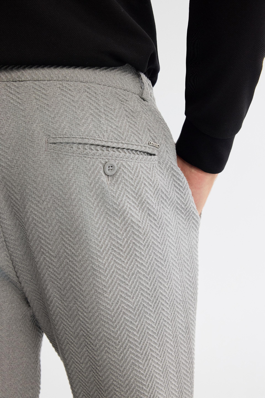 Gri Balık Sırtı Dokulu Yanı Lastikli Chino Slim Fit Pantolon