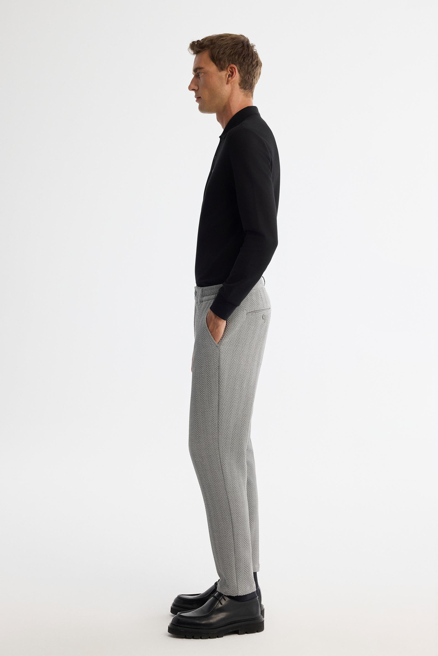 Gri Balık Sırtı Dokulu Yanı Lastikli Chino Slim Fit Pantolon