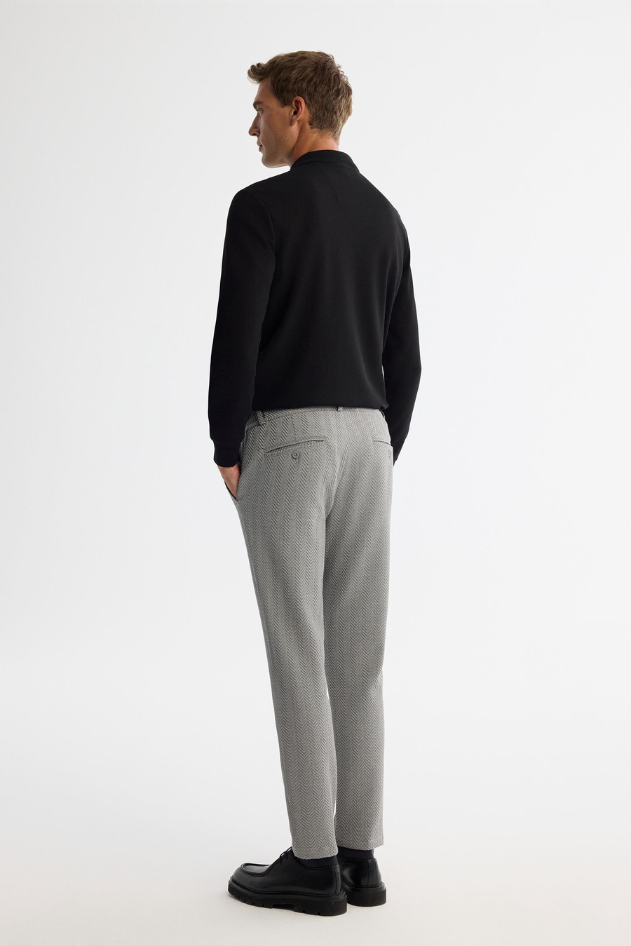 Gri Balık Sırtı Dokulu Yanı Lastikli Chino Slim Fit Pantolon