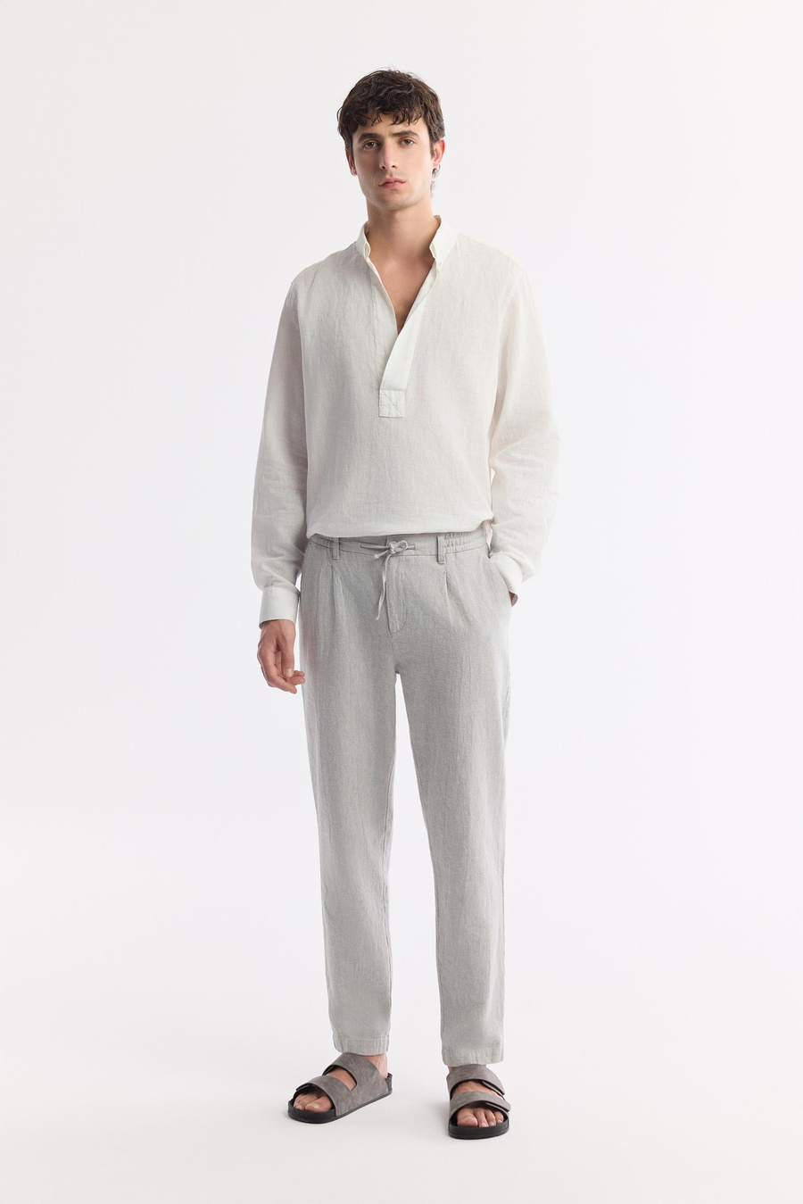 Gri Beli Lastikli Bağcıklı Ketenli Pamuk Dokulu Korikos Relaxed Fit Chino Pantolon