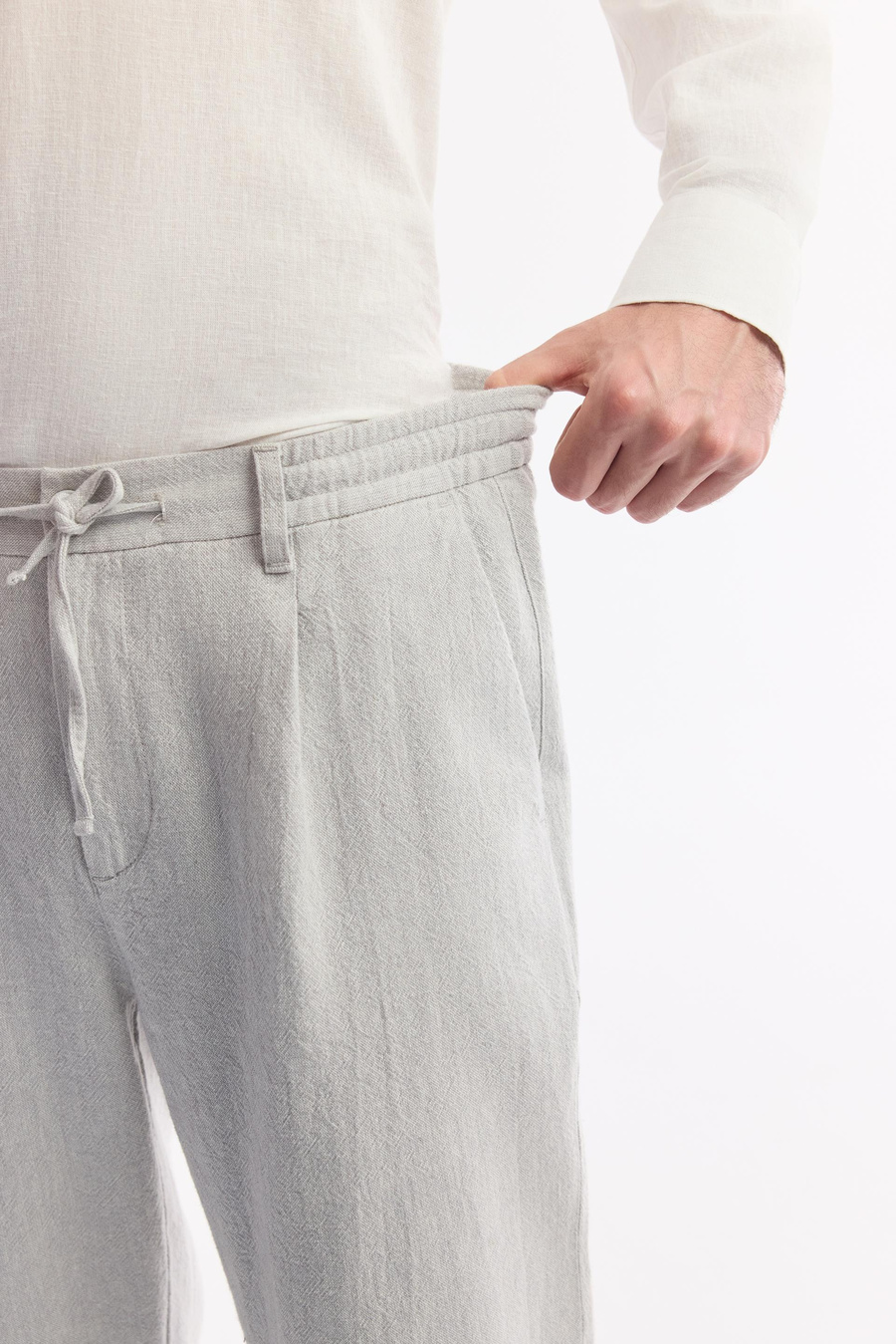 Gri Beli Lastikli Bağcıklı Ketenli Pamuk Dokulu Korikos Relaxed Fit Chino Pantolon