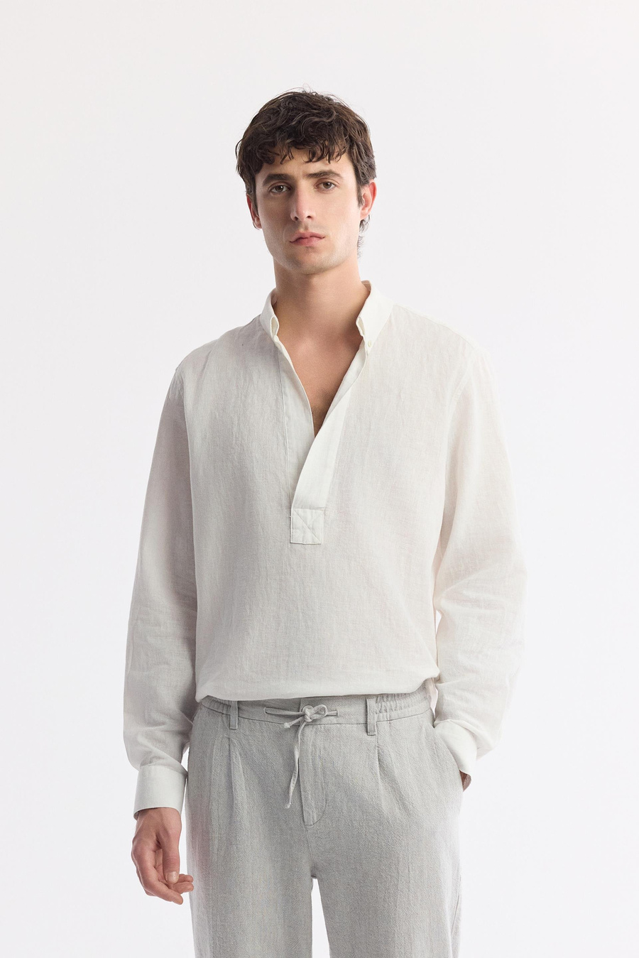 Gri Beli Lastikli Bağcıklı Ketenli Pamuk Dokulu Korikos Relaxed Fit Chino Pantolon