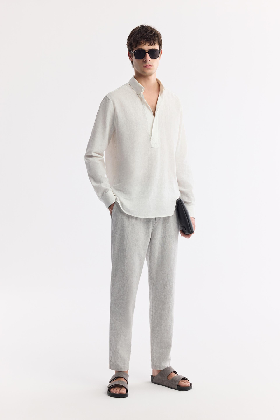 Gri Beli Lastikli Bağcıklı Ketenli Pamuk Dokulu Korikos Relaxed Fit Chino Pantolon