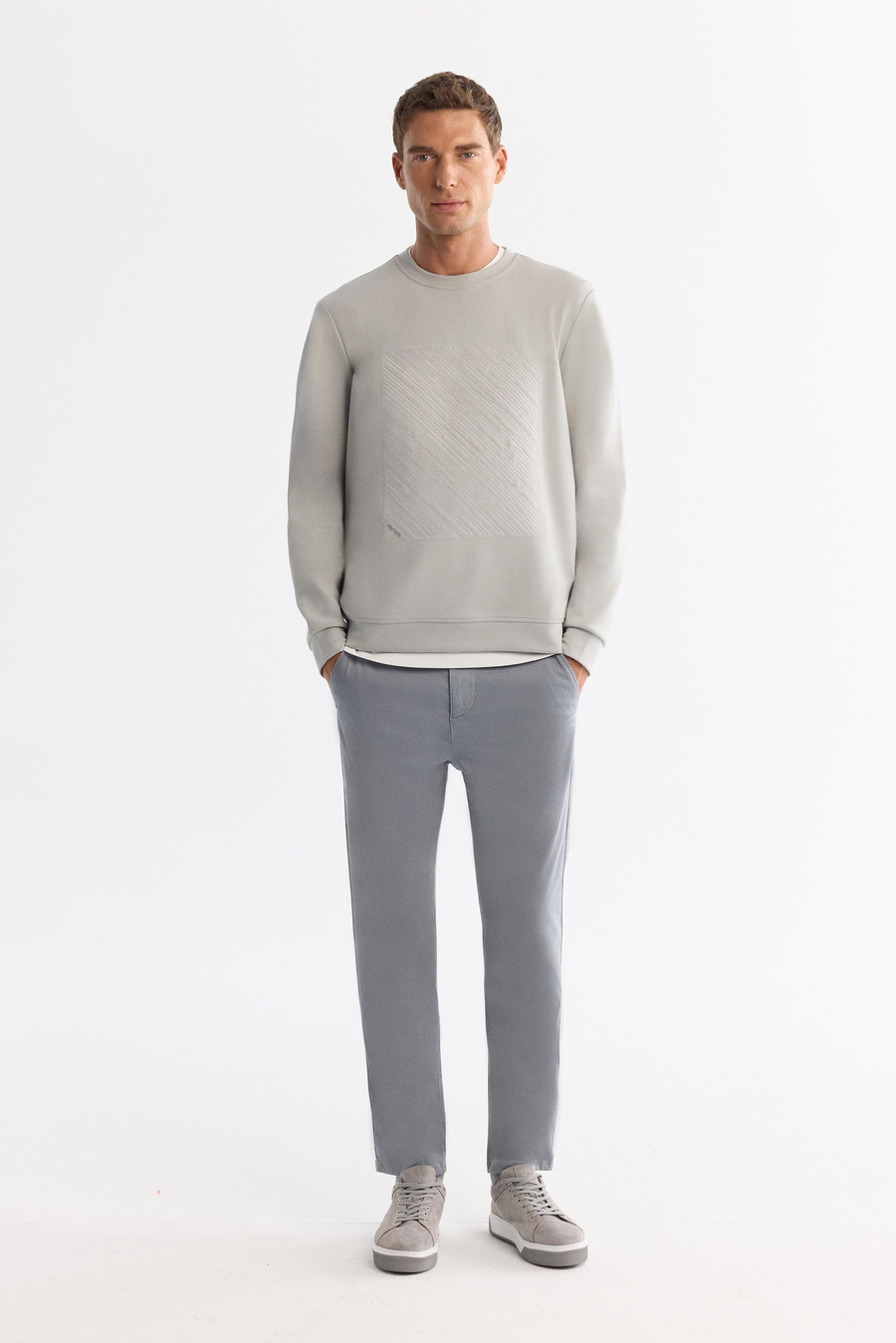 Gri Bisiklet Yaka Baskılı Sweetshirt