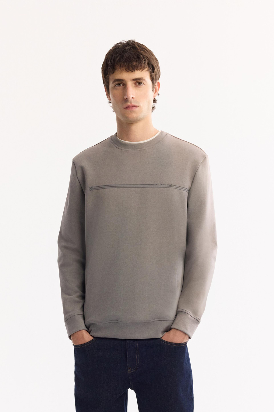 Gri Bisiklet Yaka Enjeksiyon Baskılı İnterlok Sweatshirt