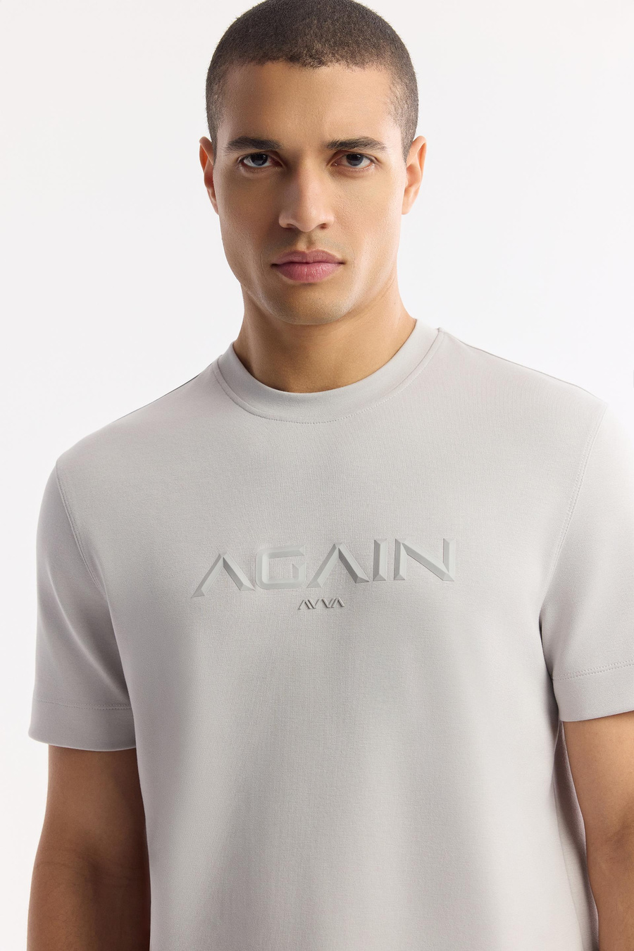 Gri Bisiklet Yaka Hologram Baskılı İnterlok T-Shirt
