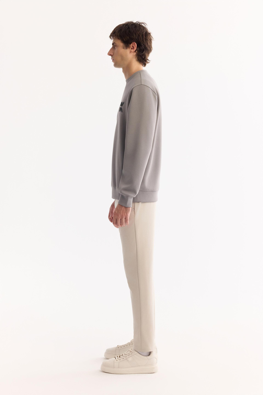 Gri Bisiklet Yaka Piramit Baskılı İnterlok Sweatshirt