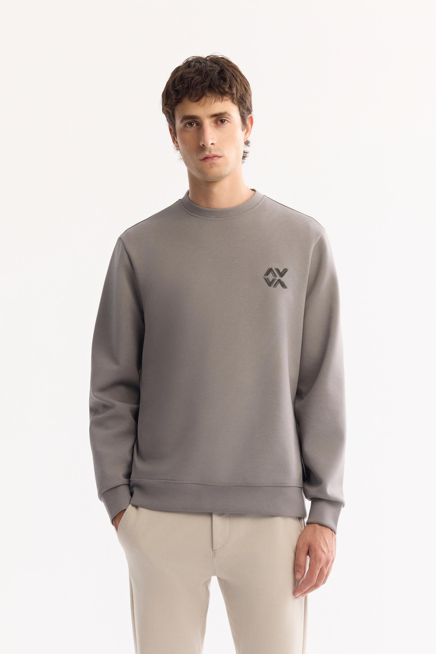 Gri Bisiklet Yaka Piramit Baskılı İnterlok Sweatshirt