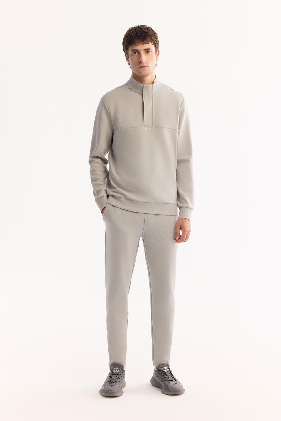 Gri Dik Yaka  Fermuarlı Gizli Pat  İnterlok Sweatshirt