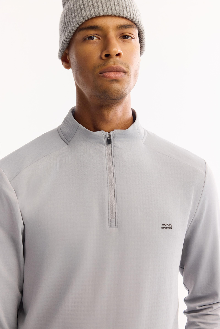 Gri Dik Yaka  Fermuarlı  Teknik Kumaş  Sweatshirt