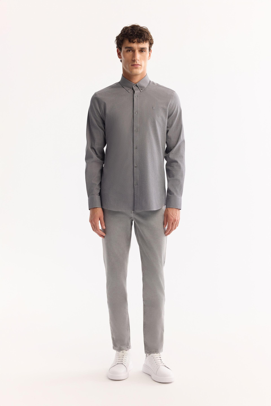Gri Düğmeli Yaka Gofreli Çizgili Slim Fit Uzun Kol Gömlek