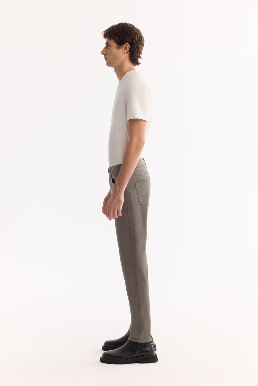 Gri Haki Klasik Bel Armürlü Tensel Karışımlı 5 Cep Perge Slim Fit Pantolon