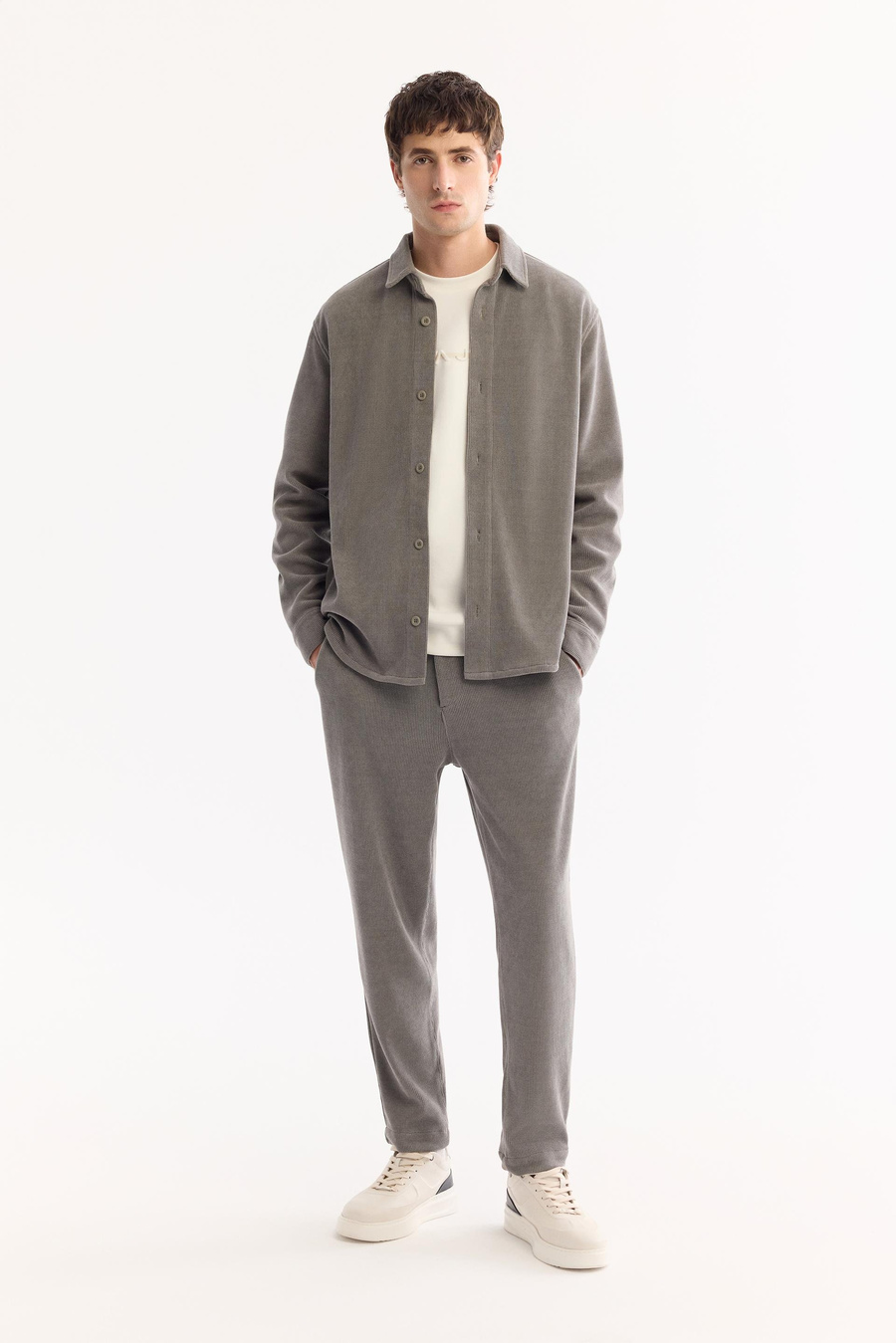 Gri Kadife Klasik Yaka Comfort Fit Uzun Kollu Gömlek Ceket