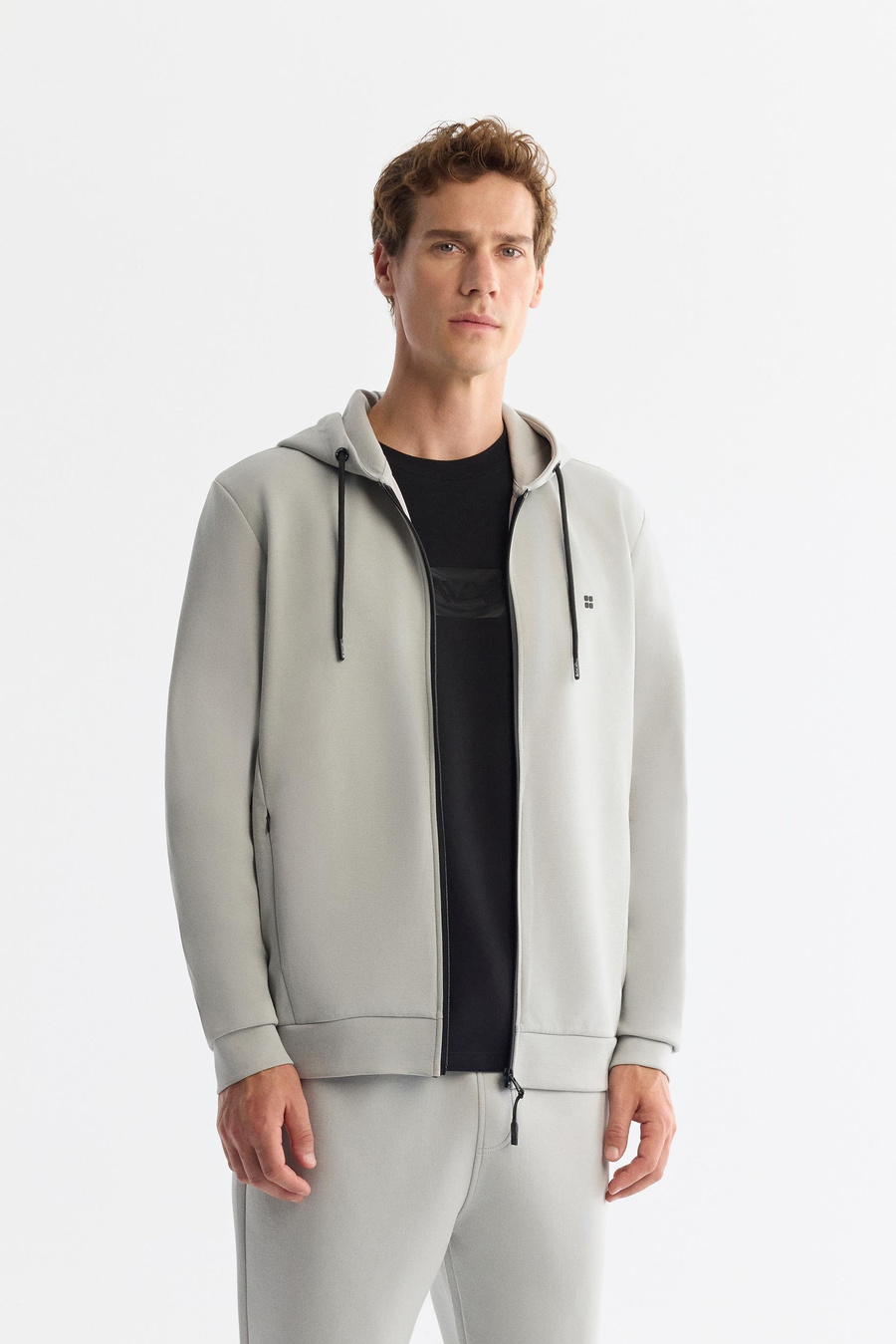 Gri Kapüşonlu İnterlok Kumaş Fermuarlı Sweatshirt