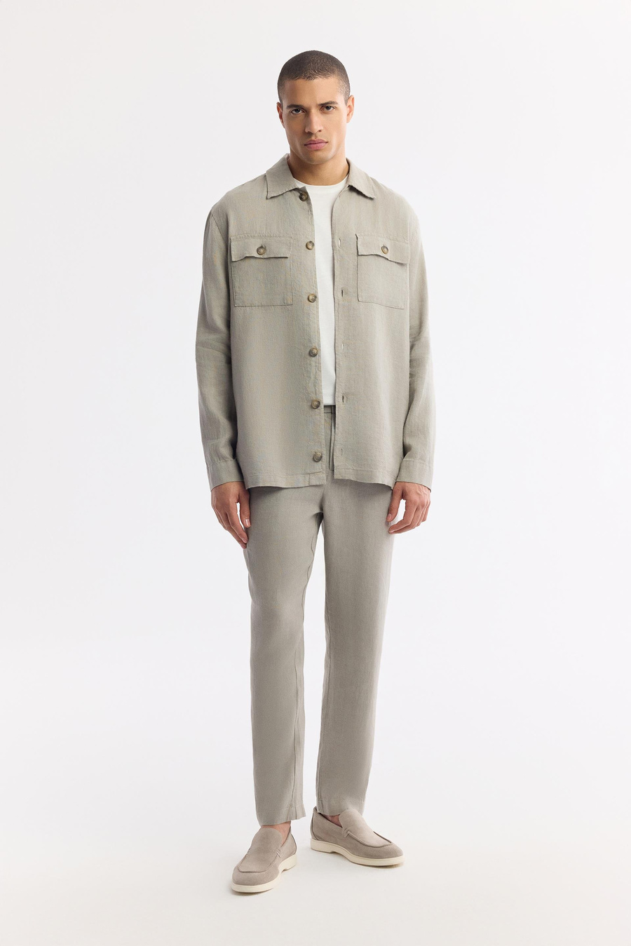 Gri Klasik Yaka %100 Keten Comfort Fit Gömlek Ceket