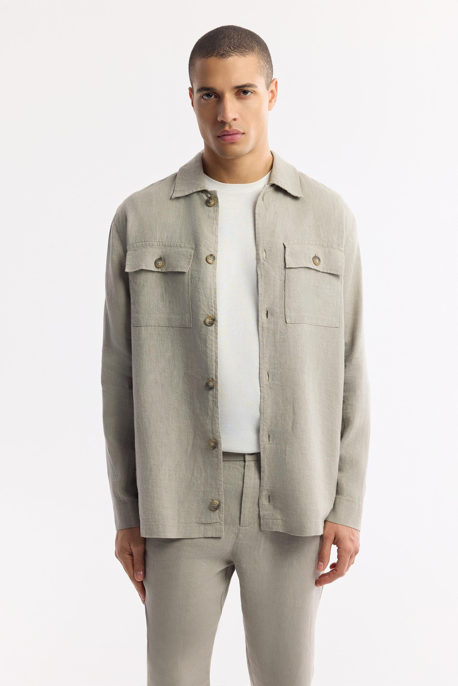 Gri Klasik Yaka %100 Keten Comfort Fit Gömlek Ceket