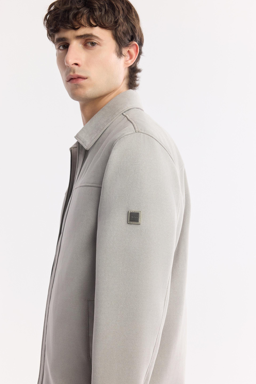 Gri Klasik Yaka Fermuarlı Süet Mont