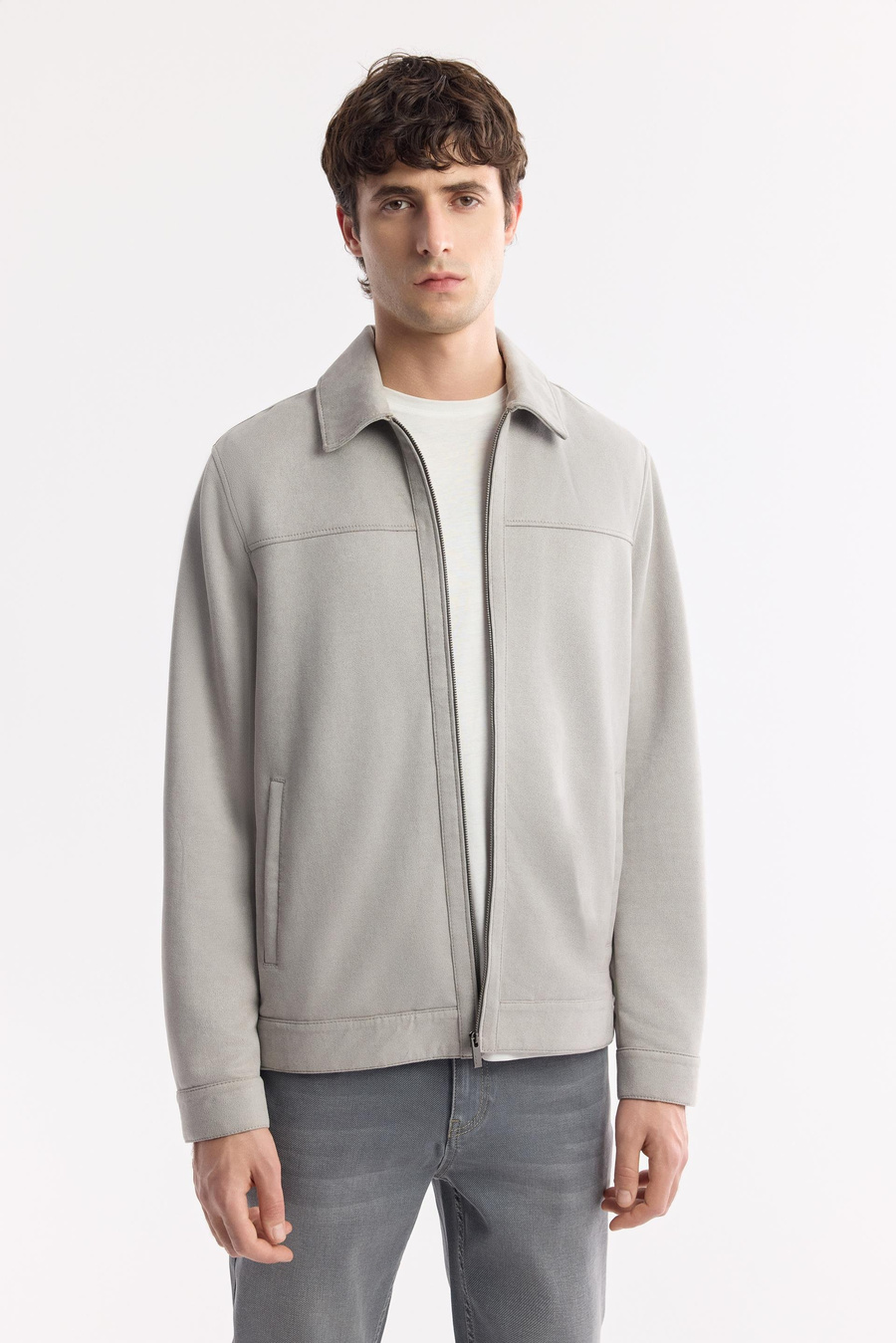 Gri Klasik Yaka Fermuarlı Süet Mont