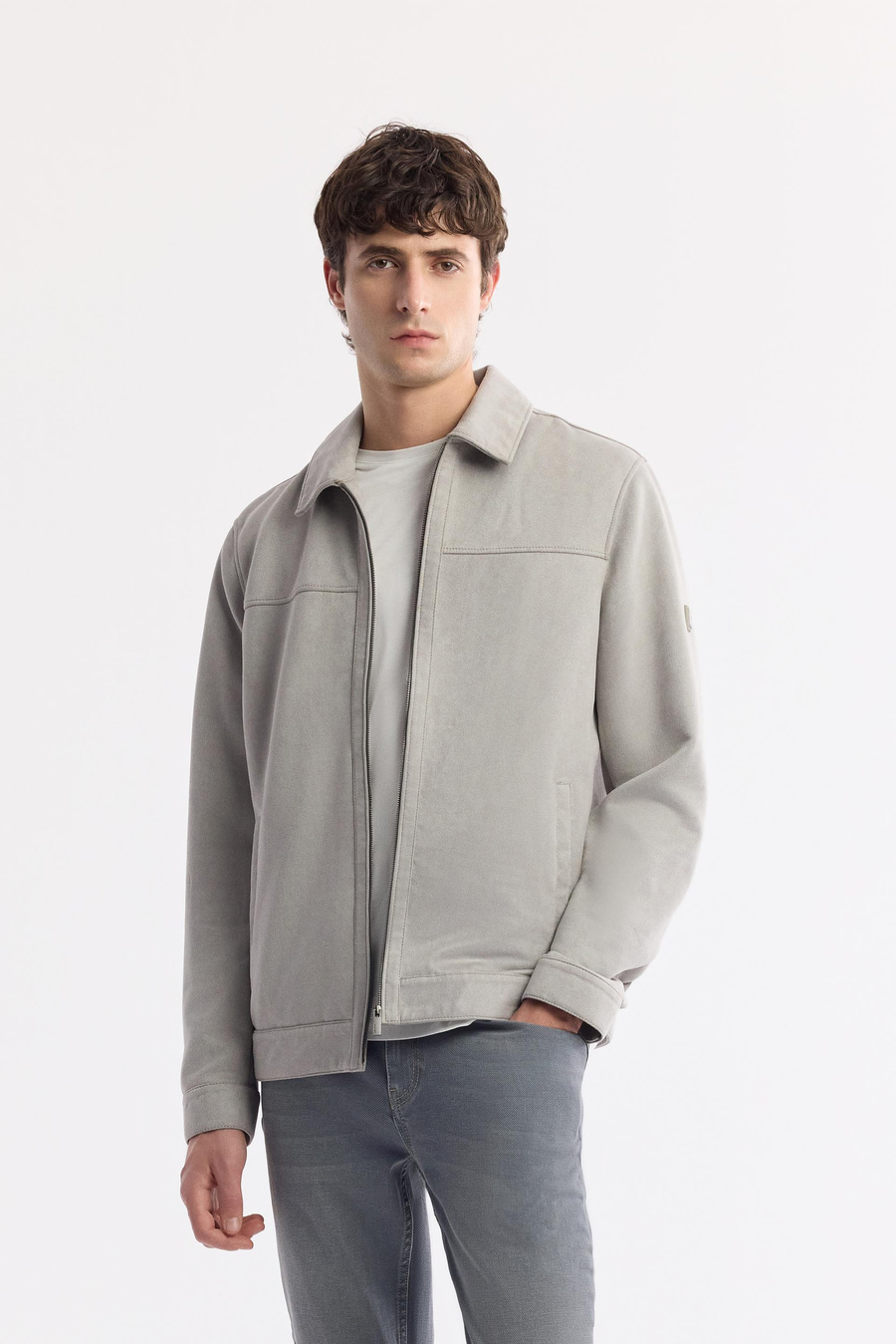 Gri Klasik Yaka Fermuarlı Süet Mont