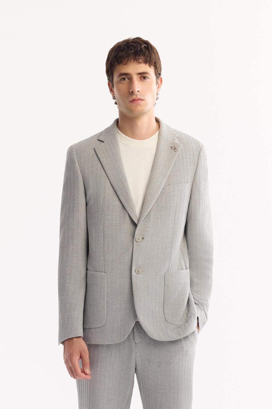 Gri Mono Yaka Çift Yırtmaç Astarsız Torba Cep Gofre Kumaş Ceket