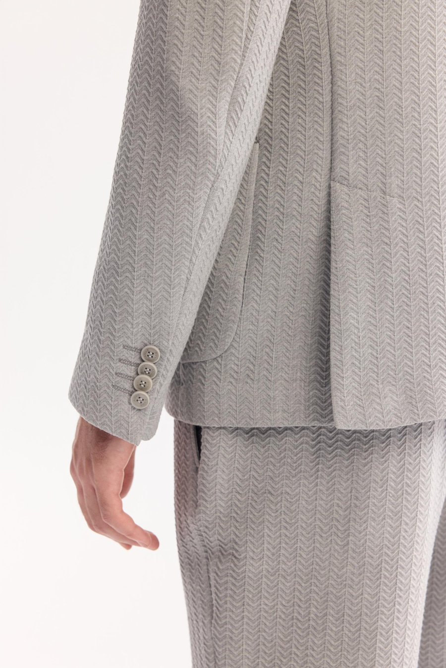 Gri Mono Yaka Çift Yırtmaç Astarsız Torba Cep Gofre Kumaş Ceket