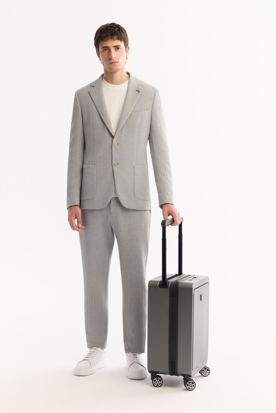 Gri Mono Yaka Çift Yırtmaç Astarsız Torba Cep Gofre Kumaş Ceket