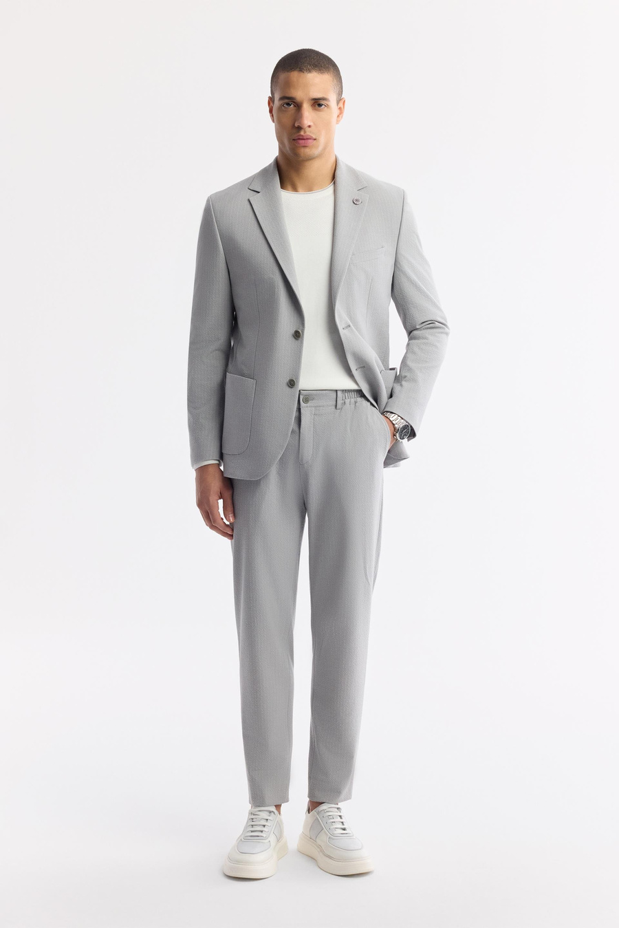 Gri Mono Yaka Torba Cepli Çift Yırtmaç Astarsız Çizgi Detaylı Dokulu Ceket