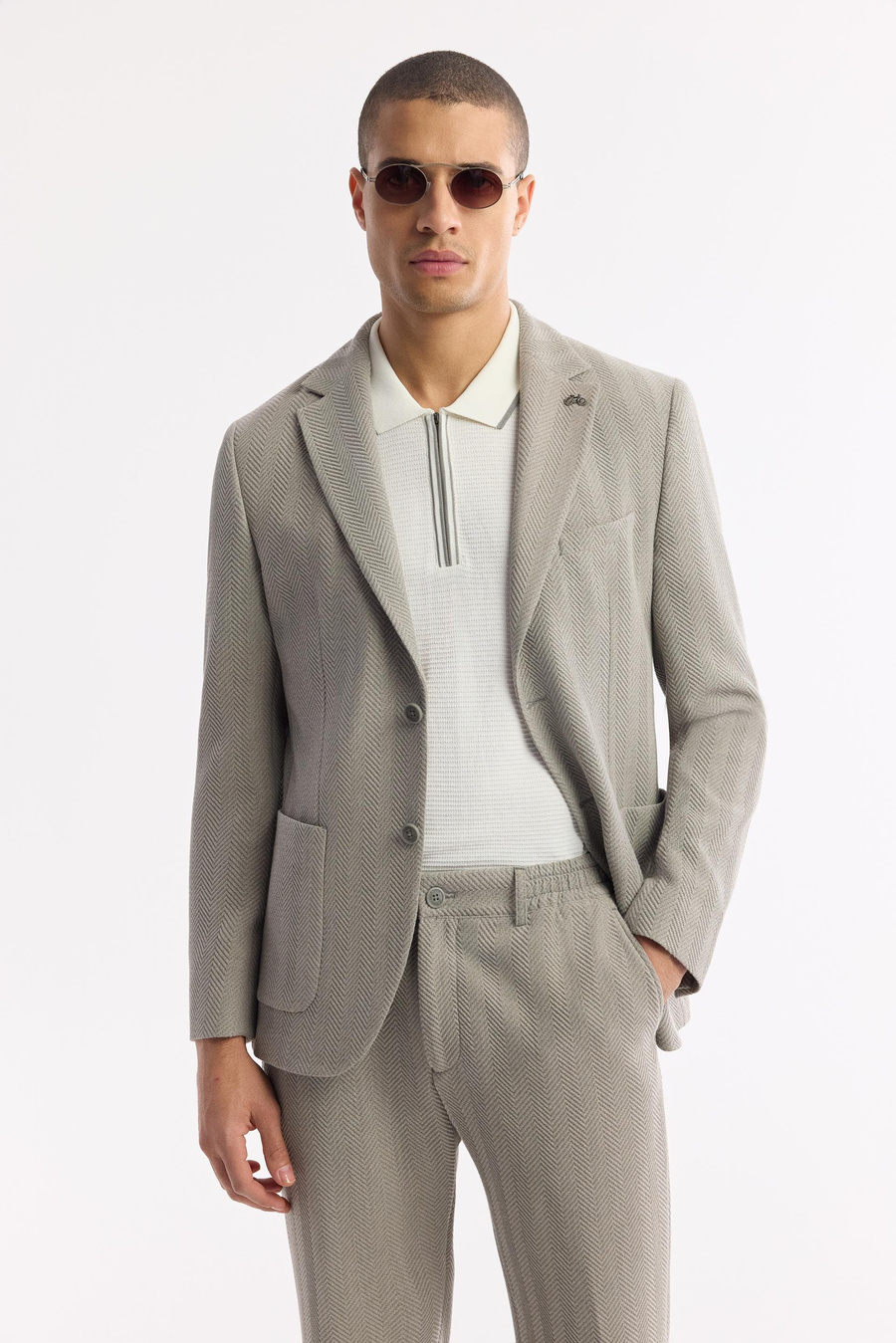 Gri Mono Yaka Torba Cepli Çift Yırtmaç Astarsız Gofre Detaylı Bi Stretch Ceket