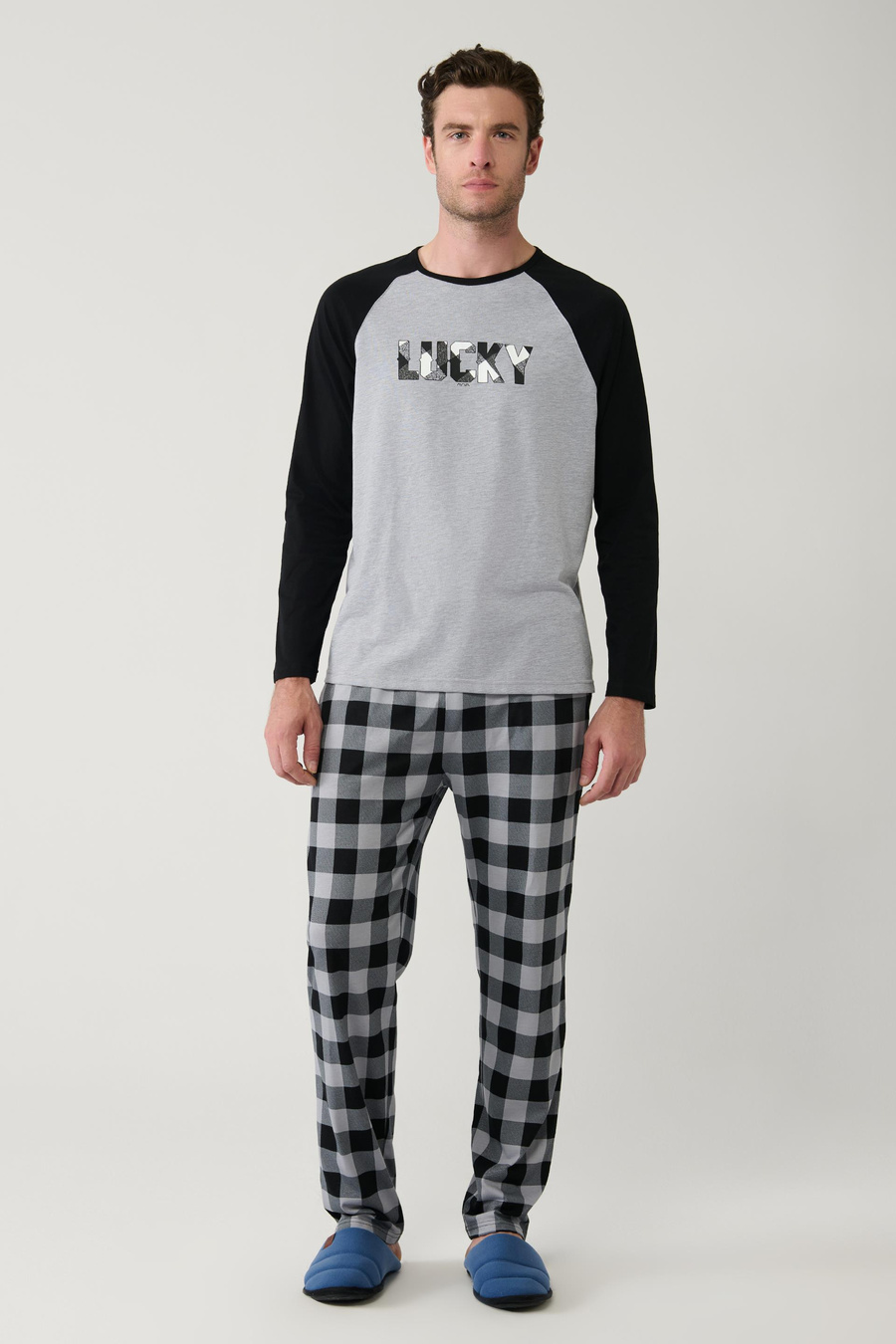 Gri Özel Kutulu Pijama Takımı Bisiklet Yaka Pamuklu Reglan Uzun Kollu