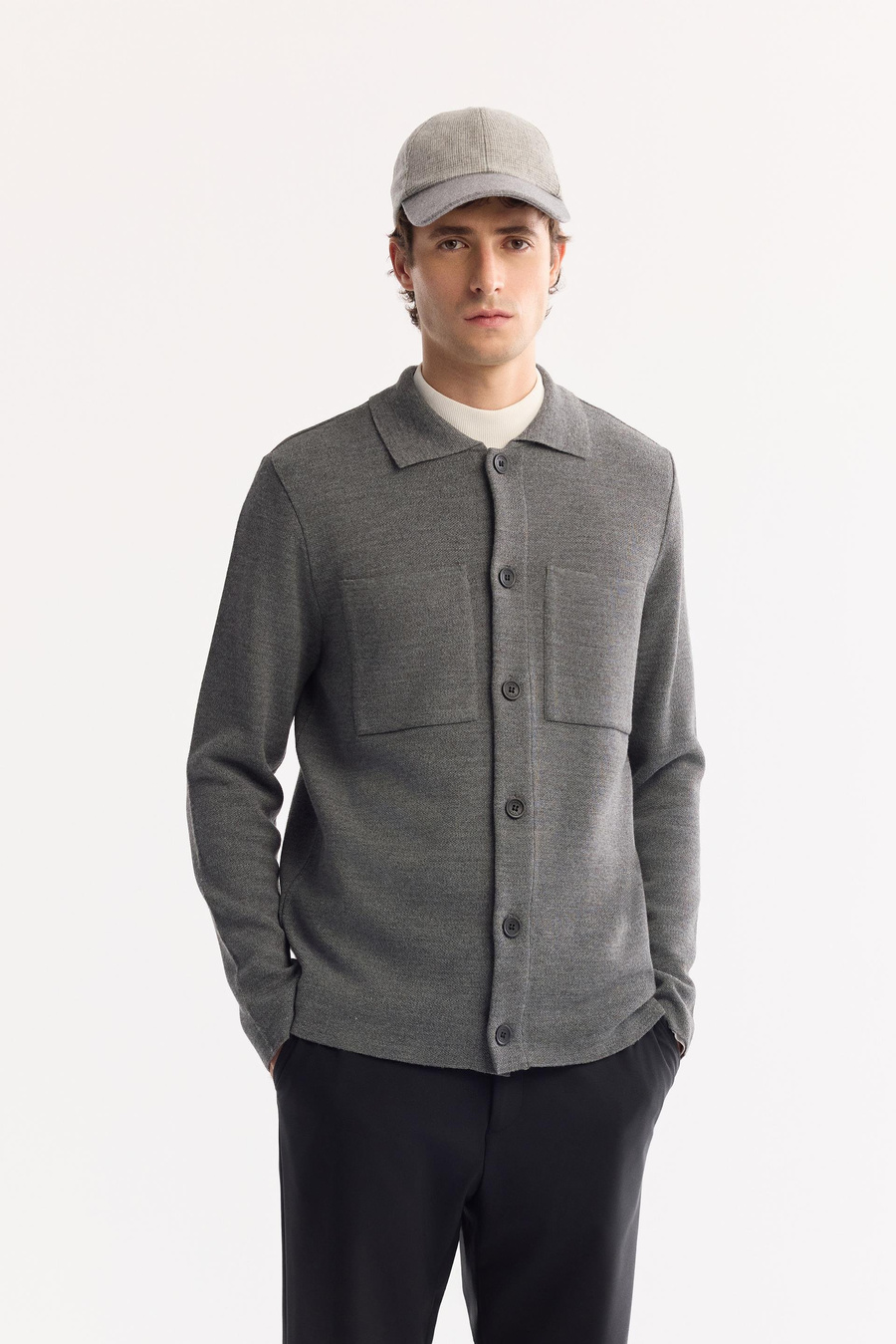 Gri Polo Yaka Düğme Kapama Önü Cepli Yün Hırka