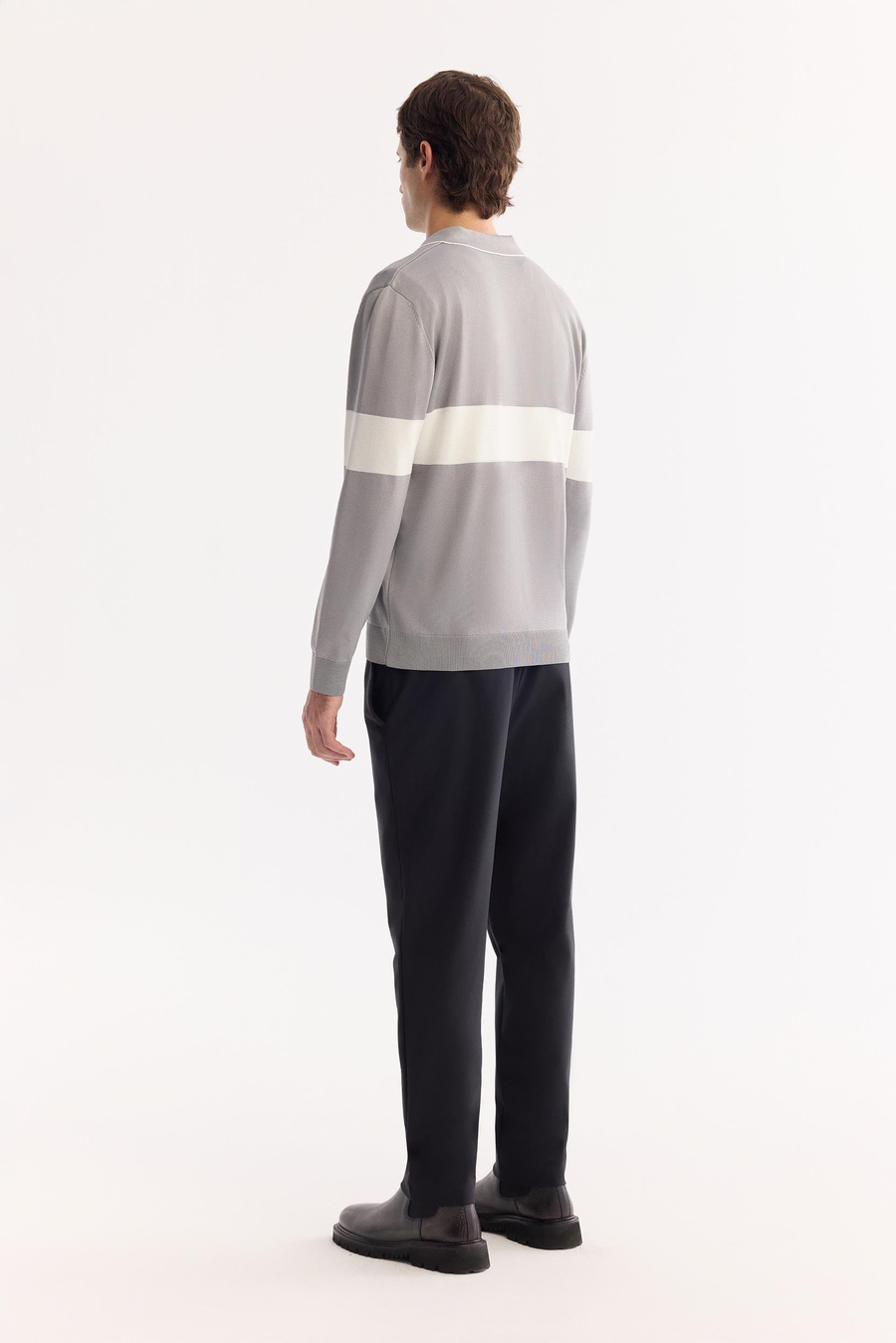 Gri Polo Yaka Fermuarlı Blok Renkli Kazak