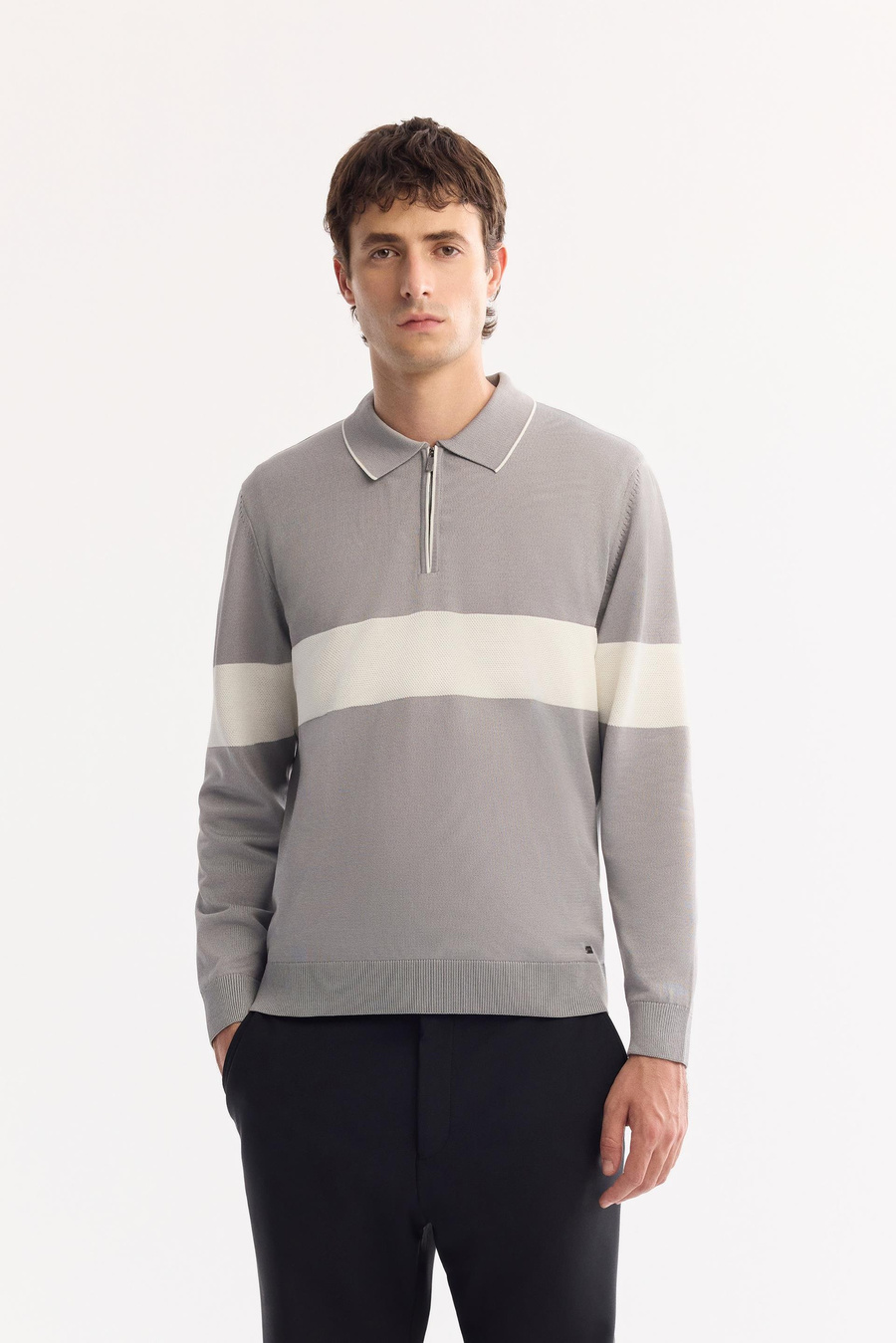 Gri Polo Yaka Fermuarlı Blok Renkli Kazak