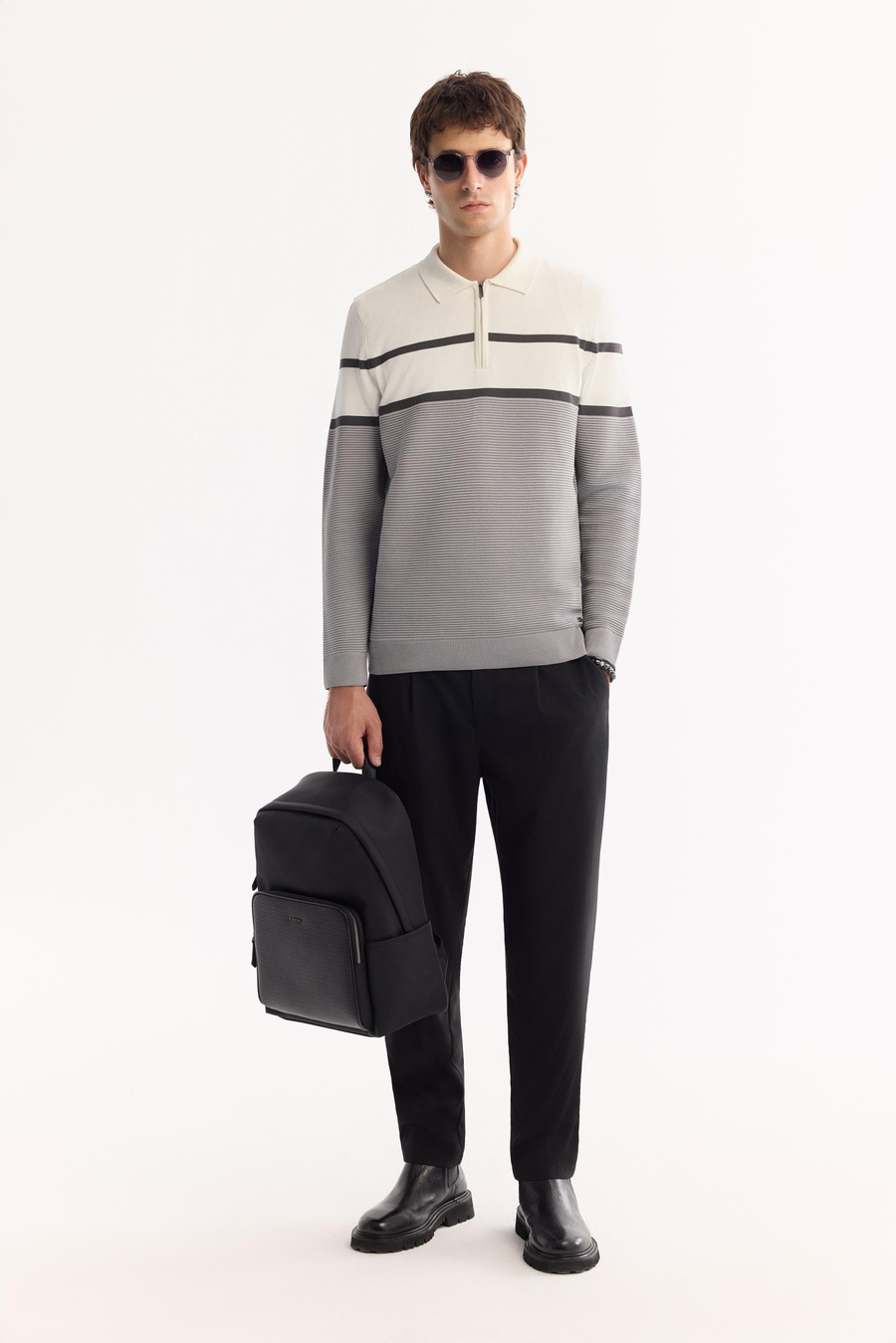 Gri Polo Yaka Fermuarlı Fiitil Örgü Detaylı Blok Renkli Kazak