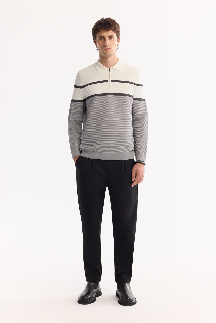 Gri Polo Yaka Fermuarlı Fiitil Örgü Detaylı Blok Renkli Kazak