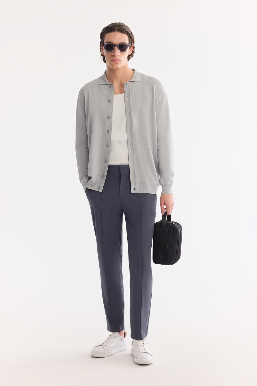 Gri Polo Yaka Önden Düğmeli Rayon Triko Hırka