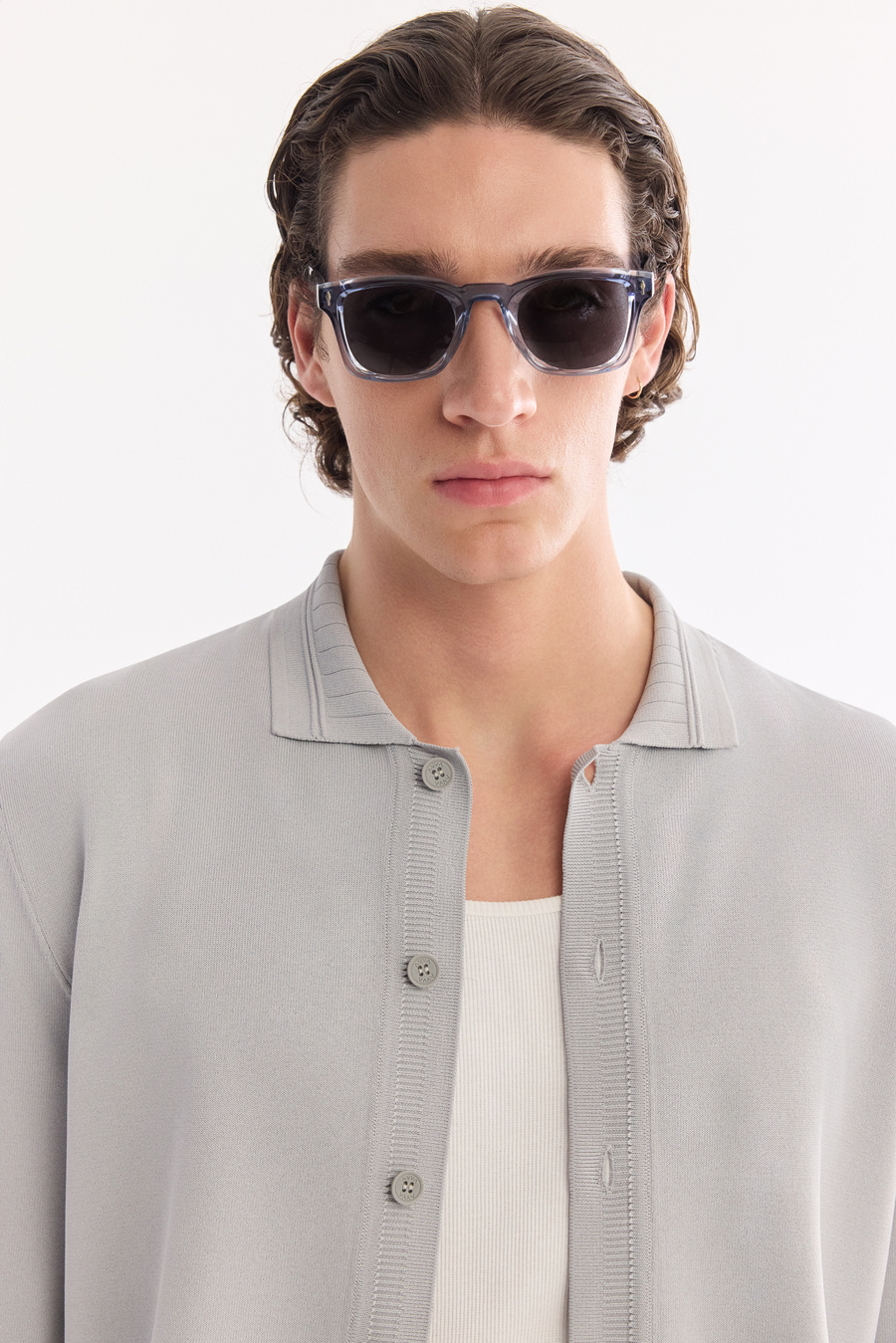 Gri Polo Yaka Önden Düğmeli Rayon Triko Hırka