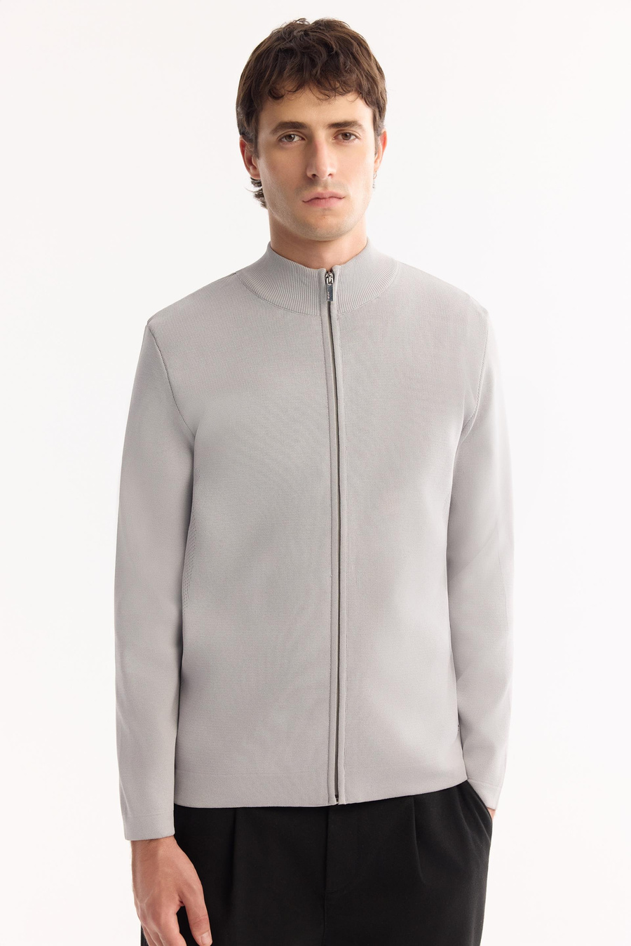 Gri Polo Yaka Tam Fermuarlı Desen Detaylı Rayon Hırka