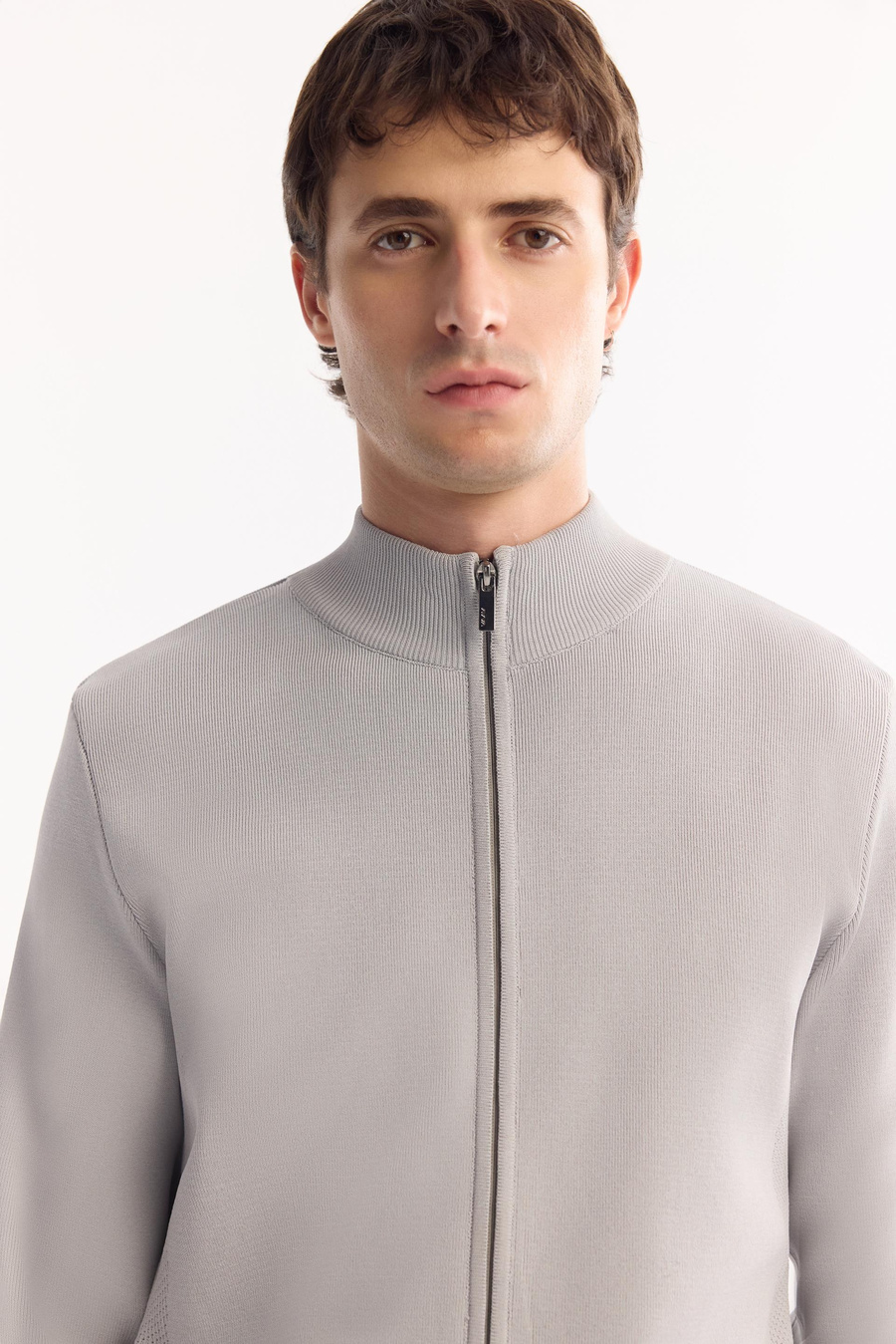 Gri Polo Yaka Tam Fermuarlı Desen Detaylı Rayon Hırka