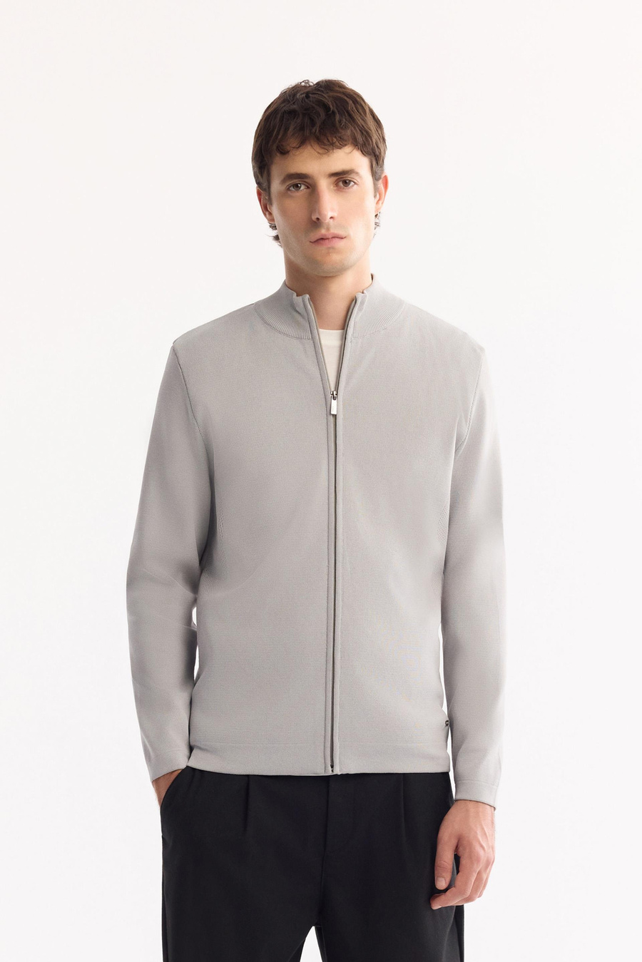 Gri Polo Yaka Tam Fermuarlı Desen Detaylı Rayon Hırka