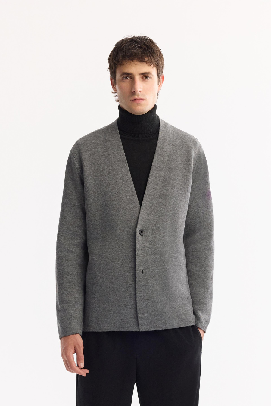 Gri Şal Yaka Düğme Kapama Hırka