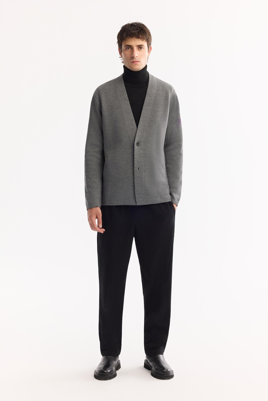 Gri Şal Yaka Düğme Kapama Hırka