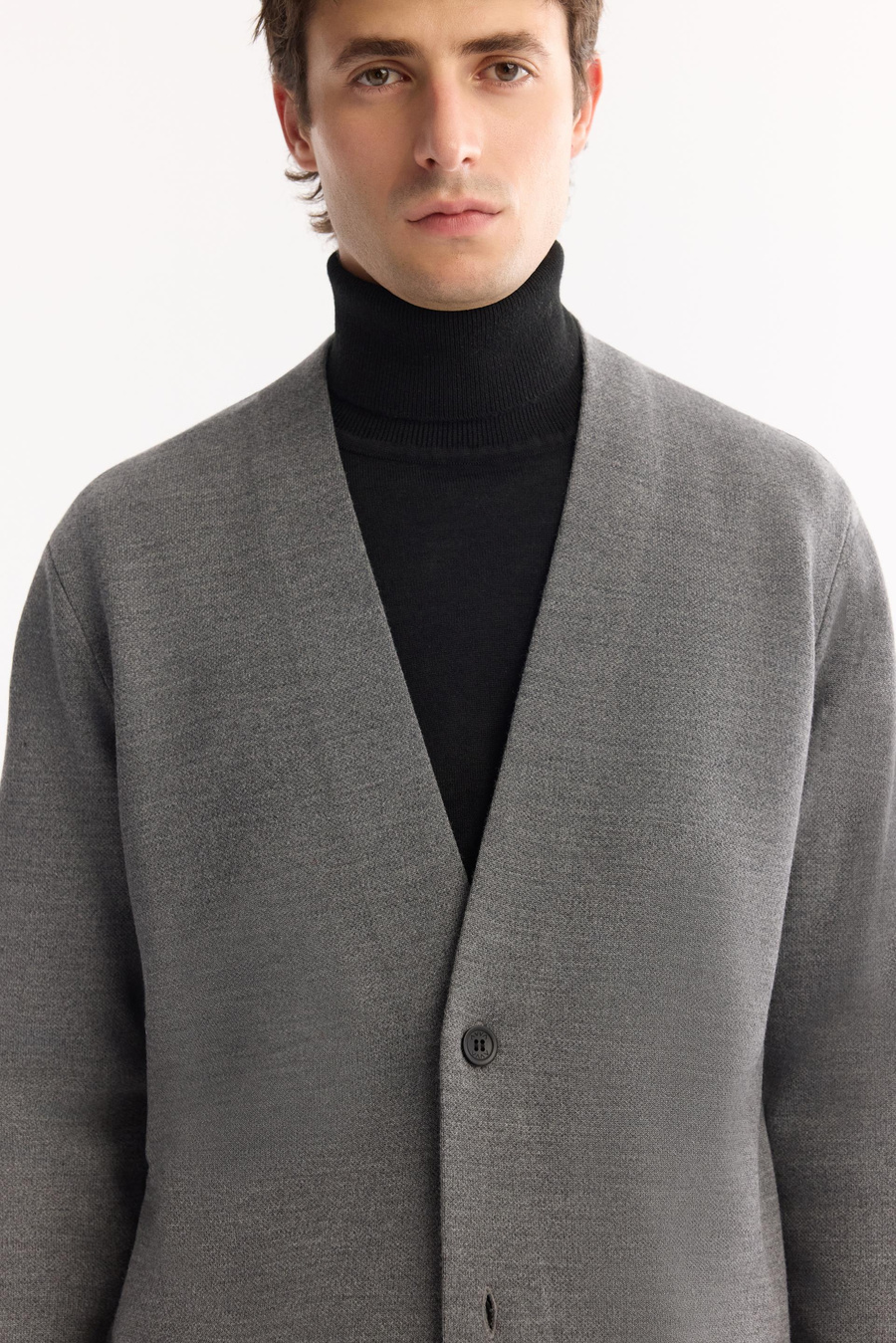 Gri Şal Yaka Düğme Kapama Hırka