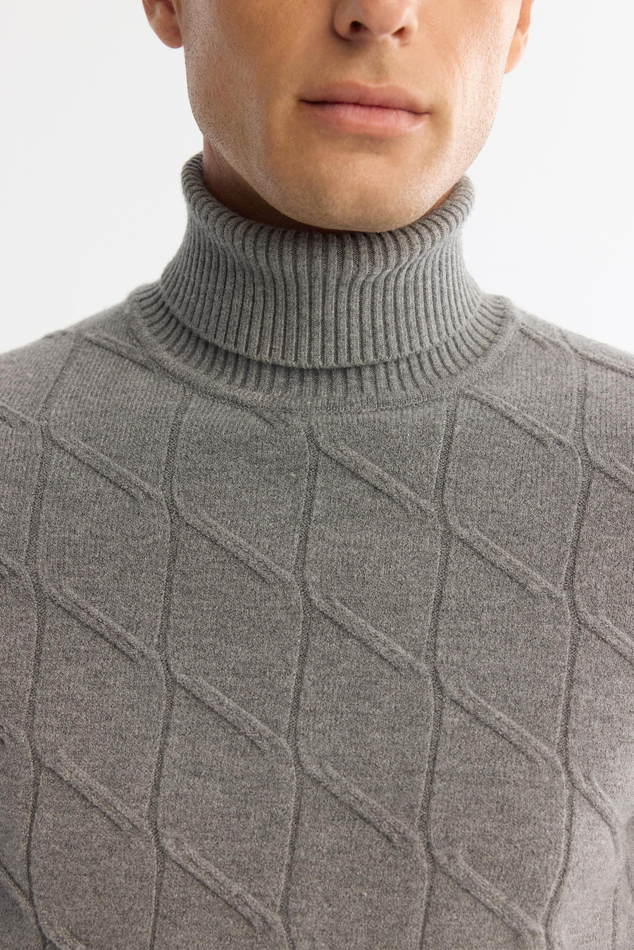 Gri Tam Balıkçı Yaka Desenli Kalın Kazak