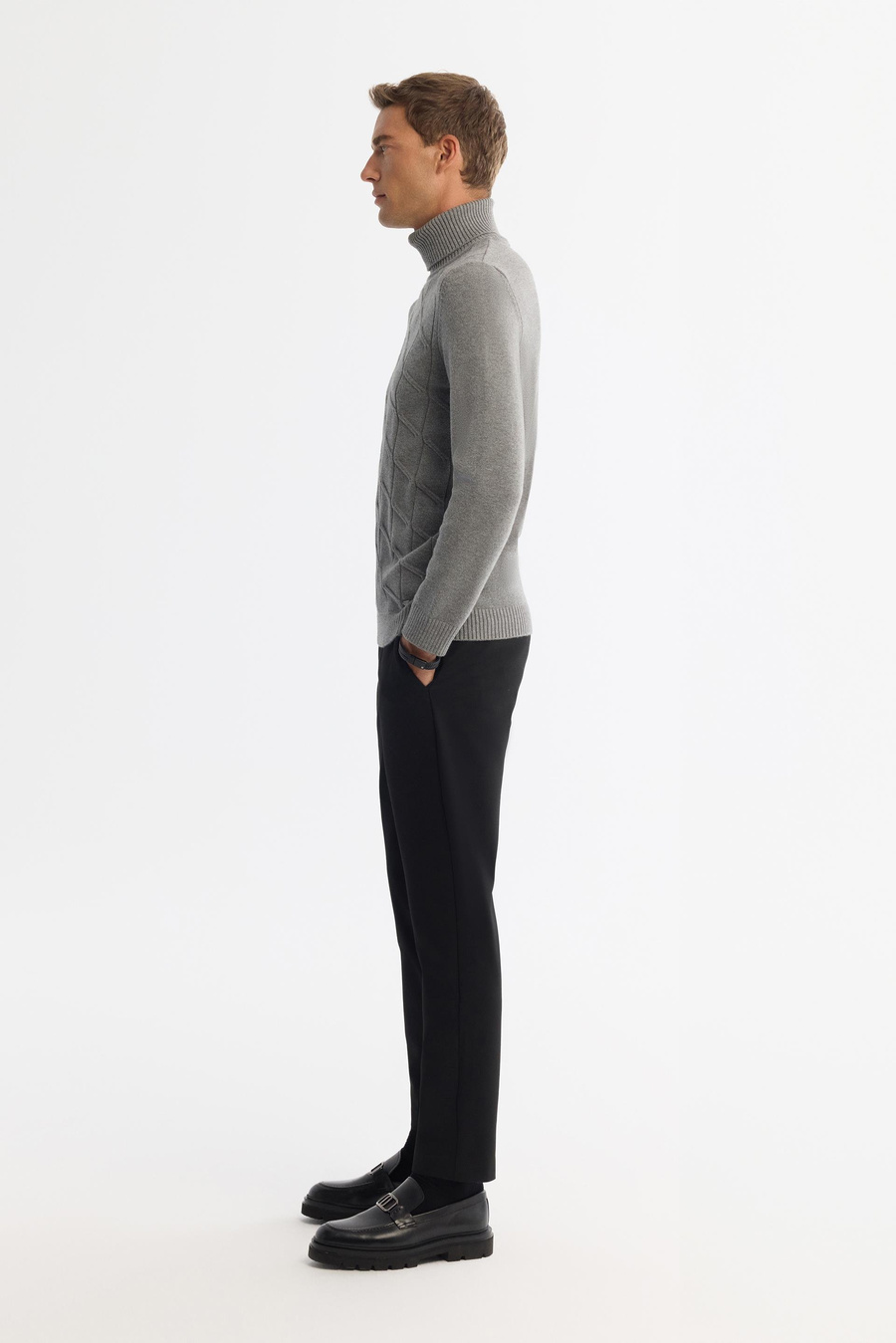 Gri Tam Balıkçı Yaka Desenli Kalın Kazak