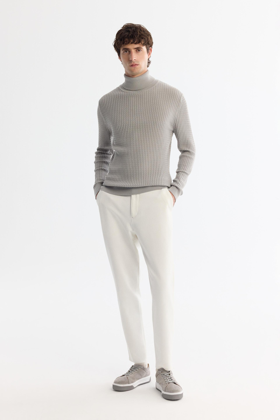 Gri Tam Balıkçı Yaka Jakarlı Kazak