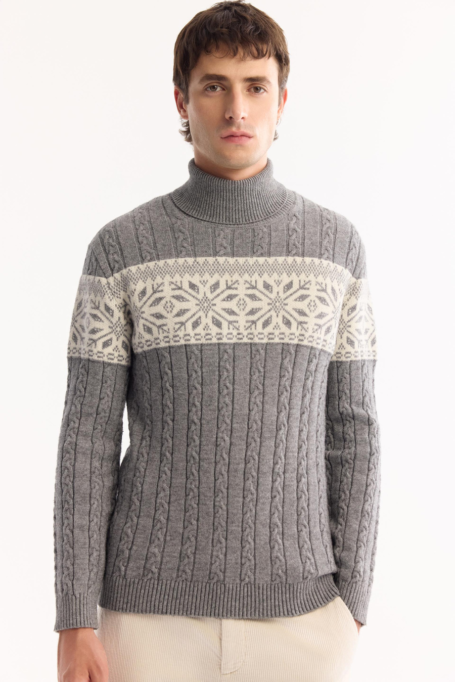 Gri Tam Balıkçı Yaka Saç Örgü Önü Blok Renkli Desenli Kalın Soft Touch Kazak